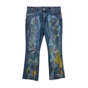 Old Navy Denim Distressed Painting Stretch Bootcut Jeans Blue Size 14 Short